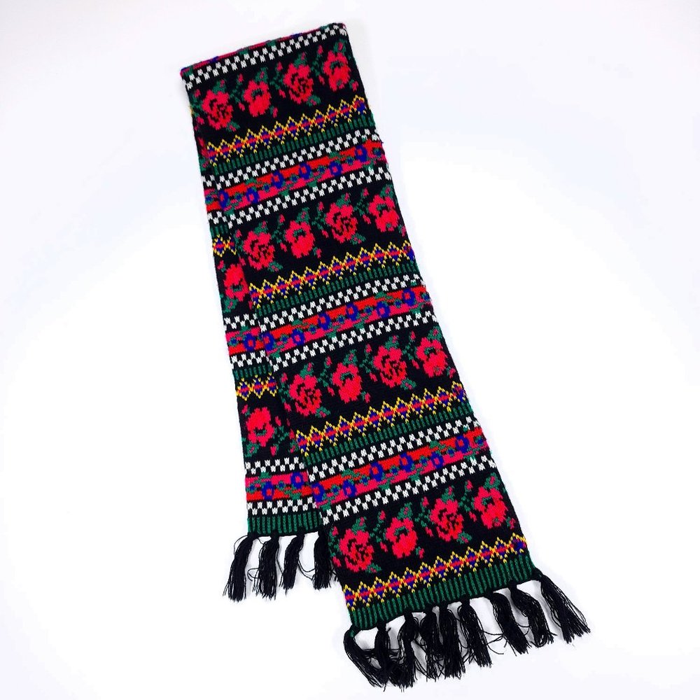 Vintage Floral Fair Isle Knit Scarf Black‎ Red Rose Tassel Fringe Winter Wrap